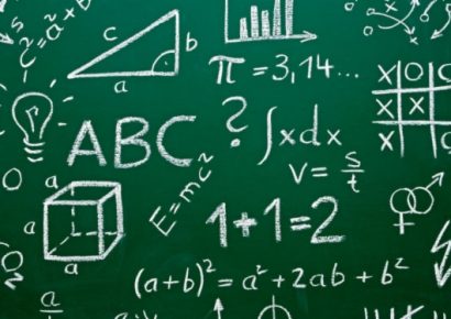 A math-covered chalkboard
